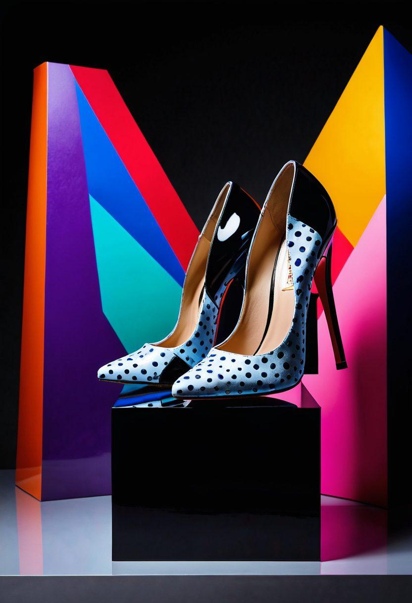 A striking pair of extreme high-heeled shoes displayed on a glossy black pedestal, surrounded by vibrant fashion accessories like chunky jewelry and colorful bags. The backdrop features a fashion runway with spotlights shining down, emphasizing the shoes' bold design and elevated height. Include elements of trendy patterns in the background that reflect the latest fashion movements. super-realistic. vibrant colors. fashion photography style.