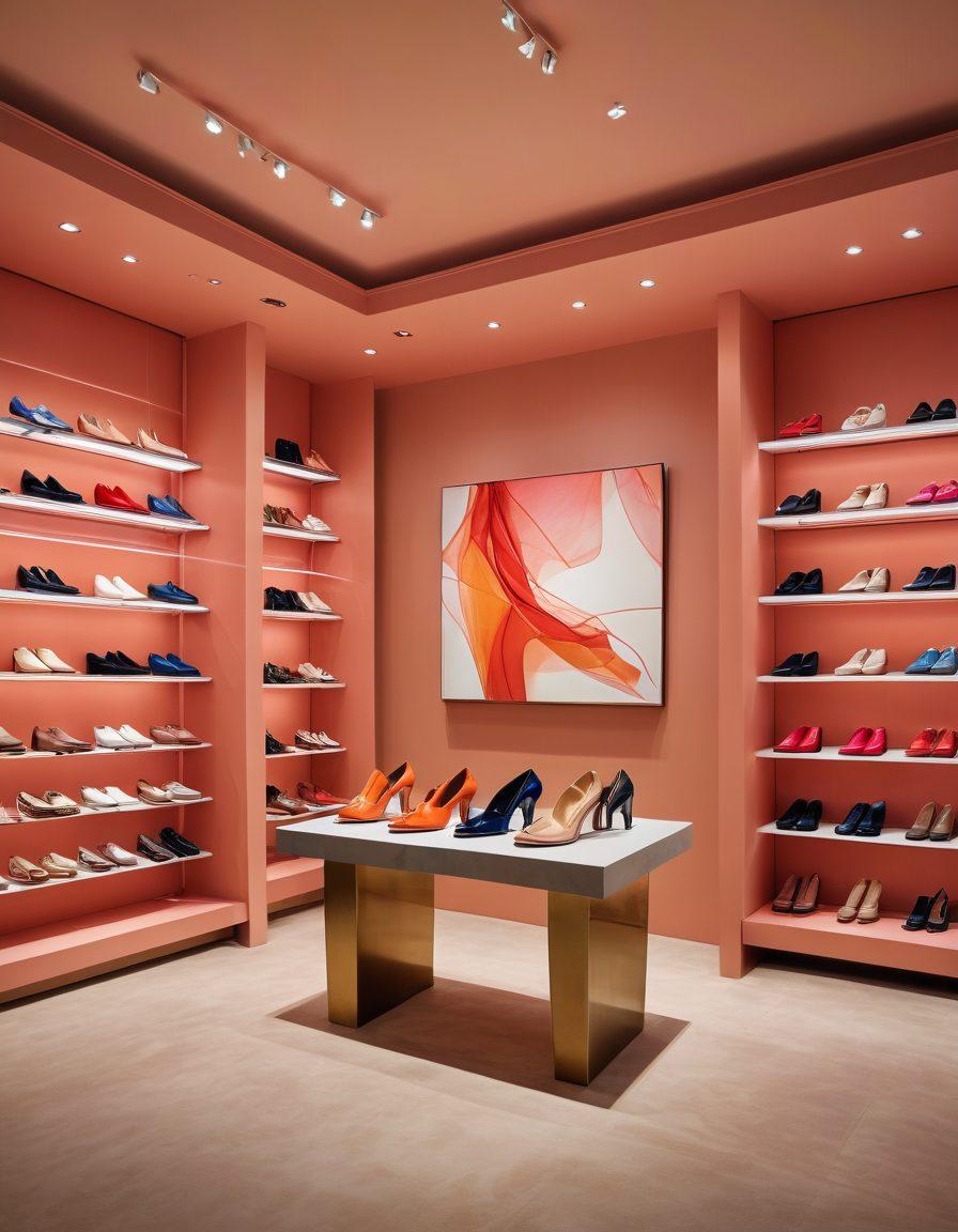 A stylish shoe display featuring a variety of trendy footwear, from elegant high heels to chic sneakers, showcased in a luxurious boutique setting. Soft lighting highlights the textures and colors of the shoes, while fashionable accessories like handbags and jewelry accentuate the scene. A stylish model interacts with the shoes, adding a sense of movement and elegance. The background is a minimalistic and modern design, exuding sophistication. super-realistic. vibrant colors. minimalistic background.