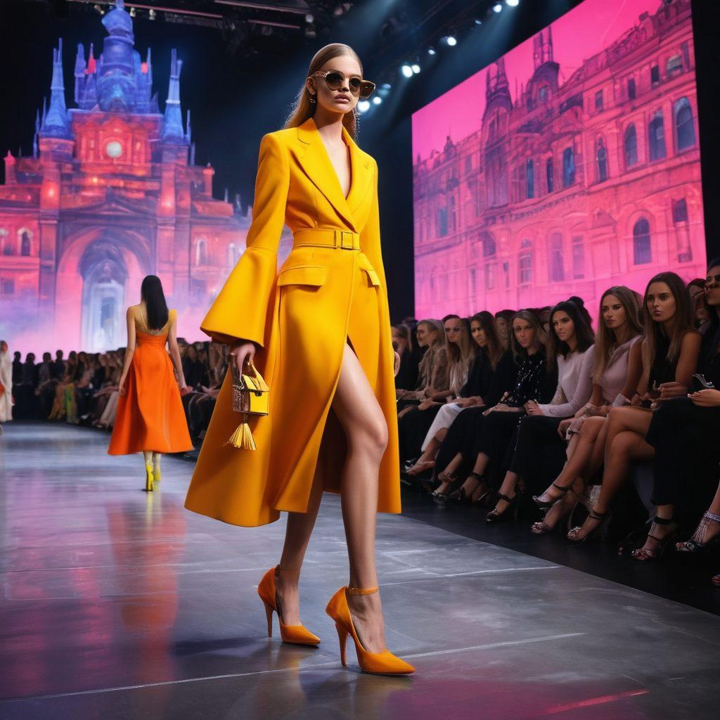 A high-fashion runway scene featuring models showcasing extravagant designer extreme heels. The backdrop is a vibrant, modern cityscape, with bold colors and dramatic lighting highlighting the shoes. Include a mix of diverse models to emphasize inclusivity in fashion, and add accessories like oversized handbags and striking outfits. Capture the energy of the fashion world with stylish spectators in the background. super-realistic. vibrant colors. dynamic composition.